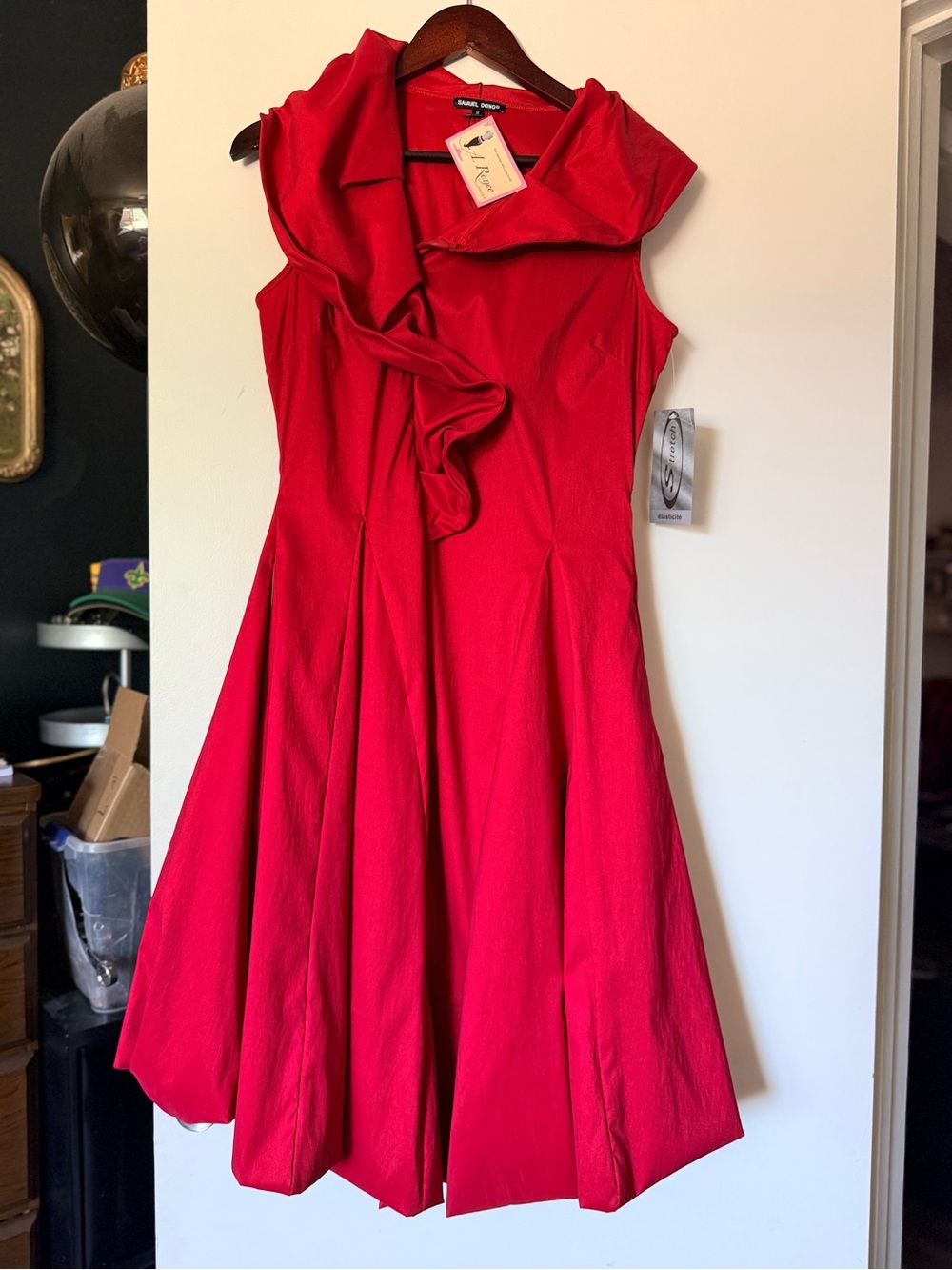 Samuel Dong Red Ruffle Neck Fit & Flare Midi Dress
